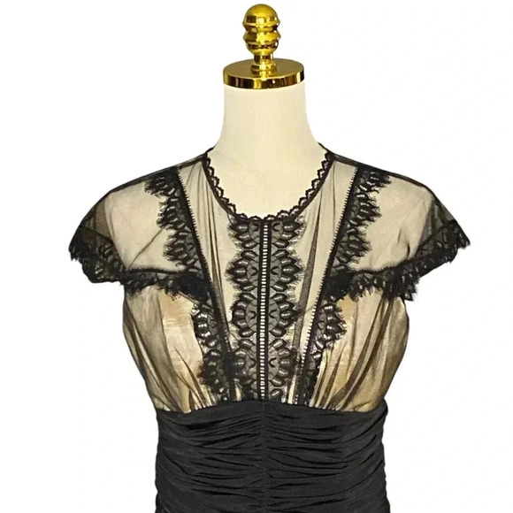 JESSICA McCLINTOCK | Y2K Black Mesh Lace Sheath Ruched Mini Dress Size 10 - Picture 6 of 10